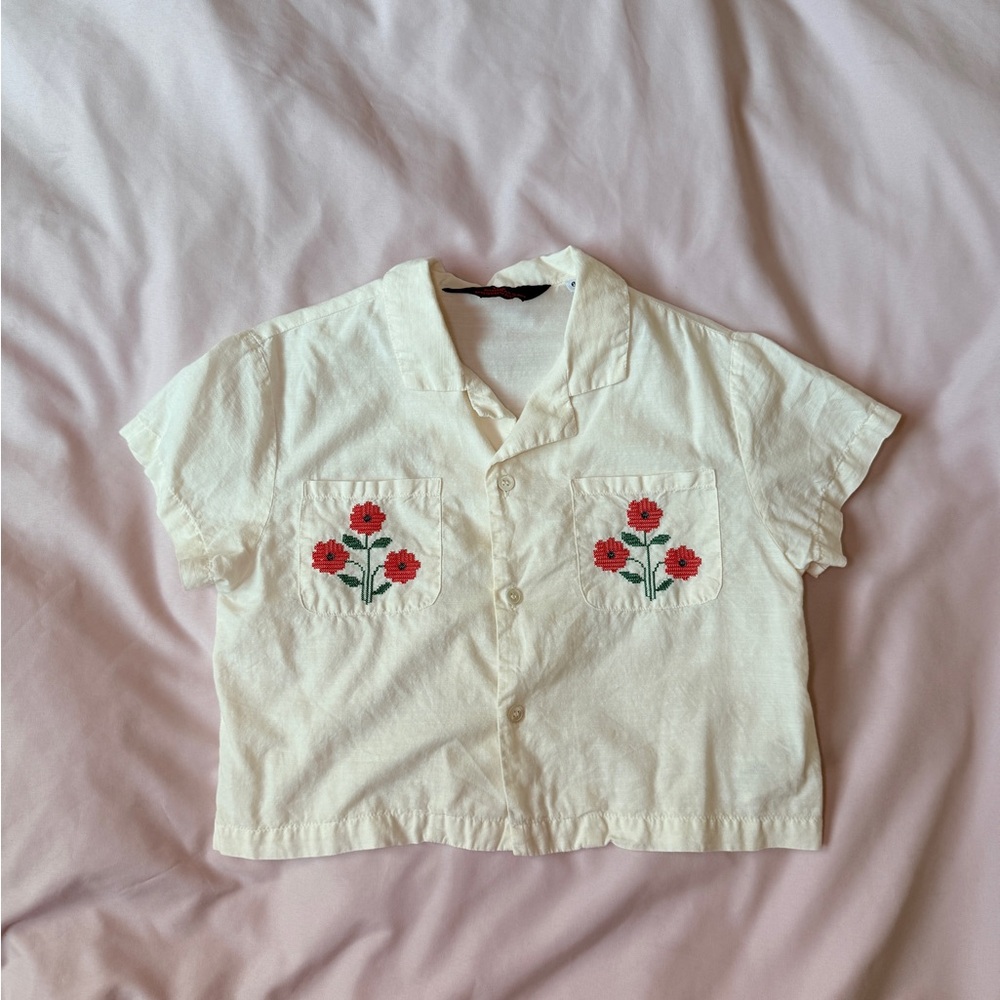 The Animals Observatory (TAO) Floral Embroidered Crop Shirt